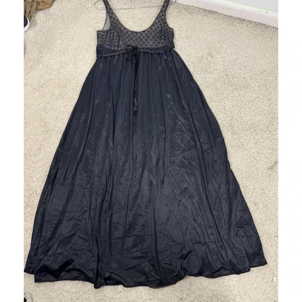 VTG 70s Formfit Rogers Black Maxi Slip Dress Negligee Peignoir Nightgown Lace‎ M